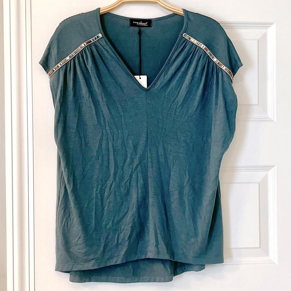 NWT Blue Top with beading. Young at Heart - Medium
